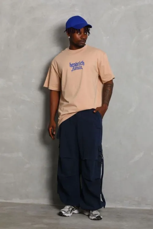 Erkek Baskılı Tişört Kısa Kol Bisiklet Yaka Oversize T-Shirt - Bej