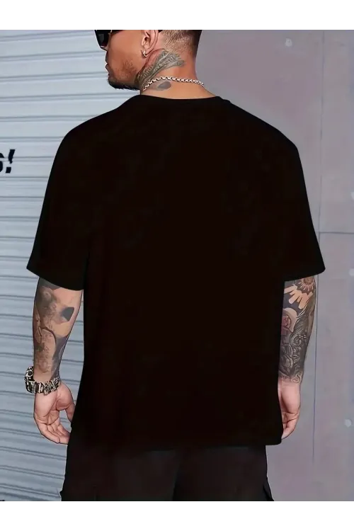 Erkek Baskılı Tişört Kısa Kol Bisiklet Yaka Oversize T-Shirt - Siyah