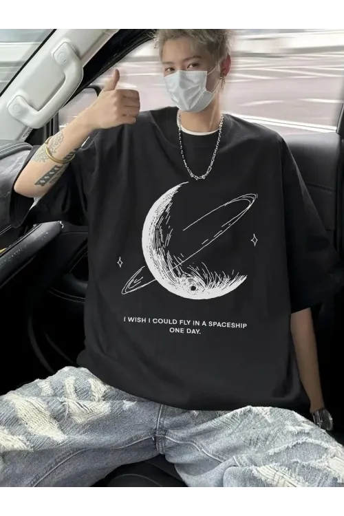 Erkek Baskılı Tişört Kısa Kol Bisiklet Yaka Oversize T-Shirt - - Siyah
