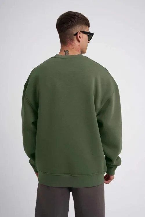 ERKEK Bisikilet Yaka 3 İplik Pamuklu SweatShirt - Haki