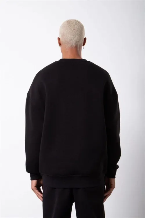 ERKEK Bisikilet Yaka 3 İplik Pamuklu SweatShirt - Siyah