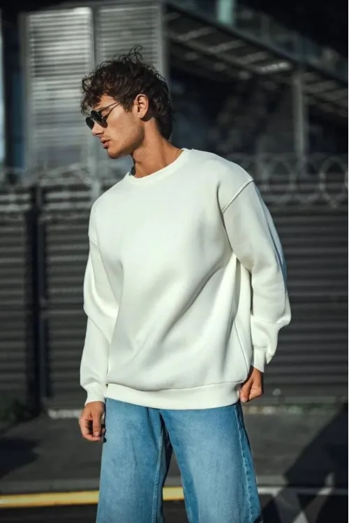 Erkek  Bisiklet Yaka 3 İplik Pamuklu Basic SweatShirt - Beyaz