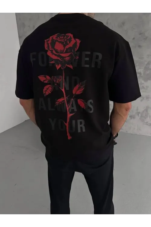 Erkek Bisiklet Yaka Baskılı Oversize  Kısa kol T-Shirt - Siyah