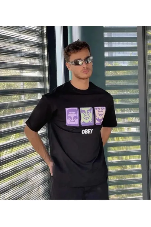 ERKEK Bisiklet Yaka Baskılı Oversize Kısa kol T-Shirt - Siyah