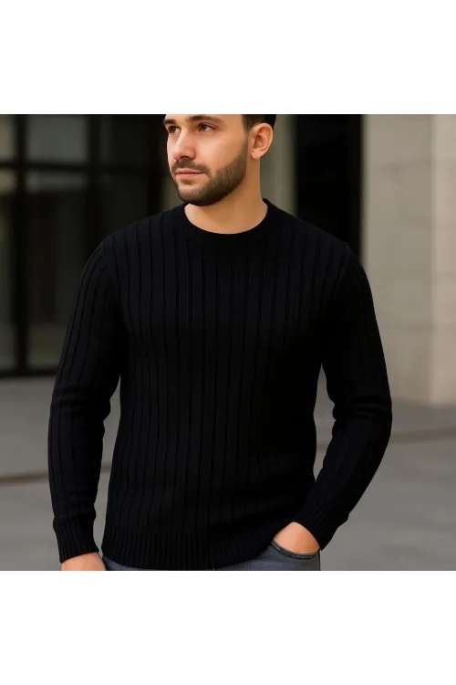 Erkek Bisiklet Yaka Triko Kazak Pamuklu Kalın Fitilli Dokuma Regular Fit - Siyah