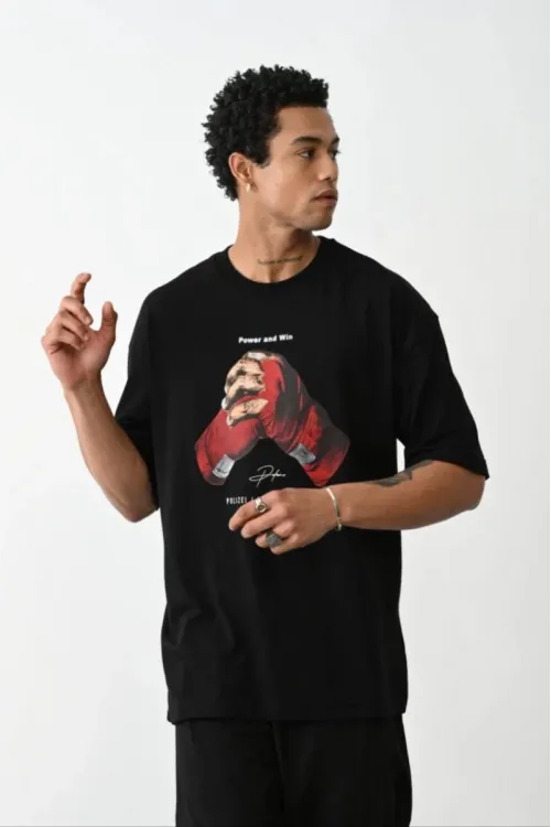 Erkek Boxy Eldiven Baskılı T-Shirt Kısa Kol Bisiklet Yaka Tişört - Siyah
