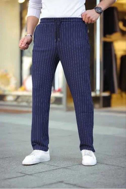 Erkek Cizgili Dokuma Krep Jogger Buggy Pantalon Rahat kalıp - Lacivert