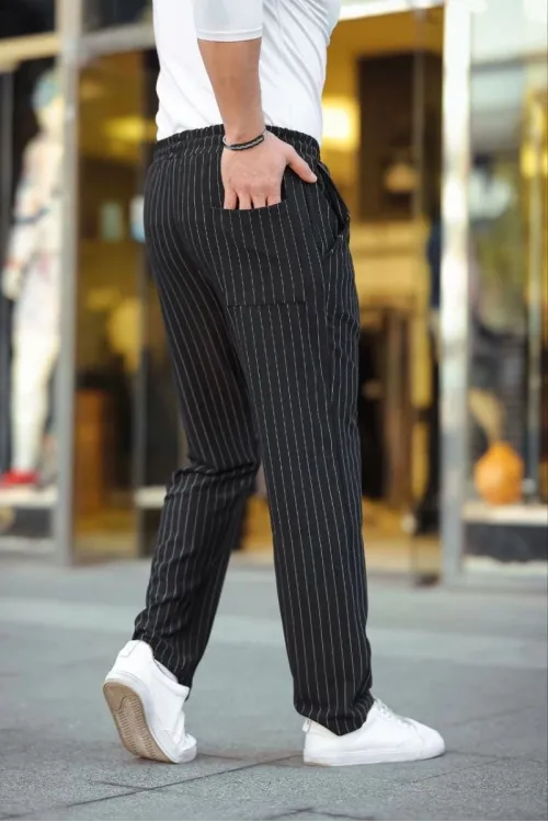 Erkek Cizgili Dokuma Krep Jogger Buggy Pantalon Rahat kalıp - Siyah