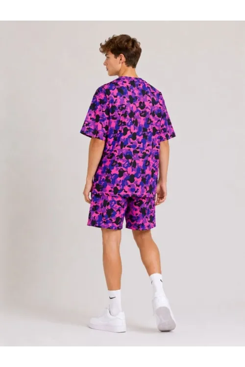 Erkek Çocuk Oversize Kalıp Pubg Bape X Shark Nakışlı Cepli Şort Takım - Mor