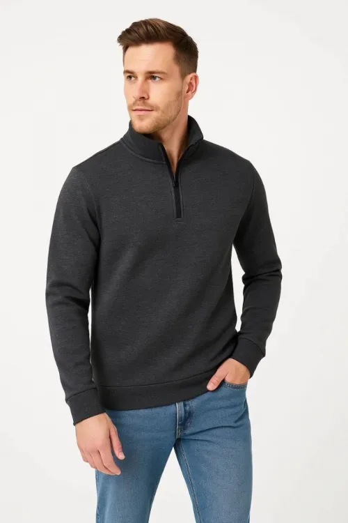 Erkek Dik Yaka Yarım Fermuarlı 3 İplik Pamuklu Sweatshirt -  Antrasit