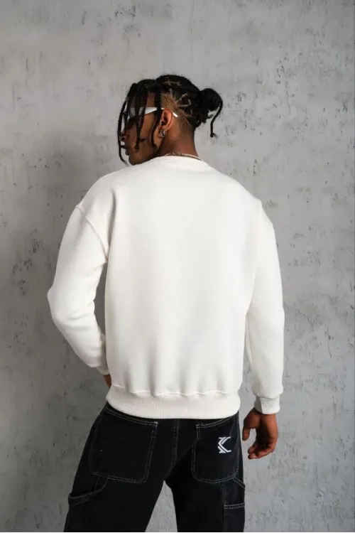 Erkek Düz Bisiklet Yaka 3 iplik pamuklu Sweatshirt - Beyaz