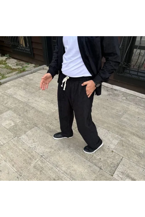 Erkek Fitilli Kadife Cepli Buggy Pantolon Oversize Rahat Kalıp - Siyah