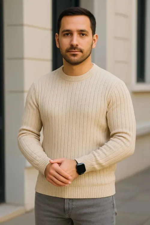 Erkek Fitilli Triko Kazak 2’li Set Bej Beyaz Kalın Dokuma Pamuklu Regular Fit Bisiklet