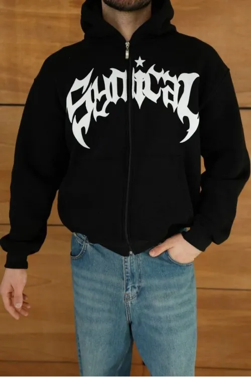 Erkek Kapüşonlu 3 İplik Şardonlu Önü Baskılı Fermuarlı Oversize Sweatshirt - Siyah