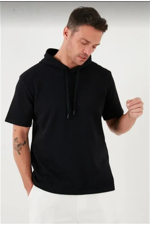 Erkek Kapüşonlu Tişört Kısa Kol Düz Oversize T-shirt - Siyah