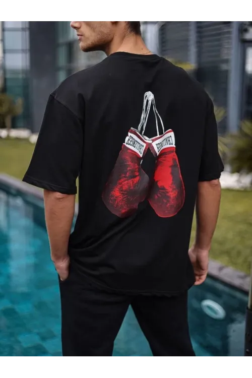 Erkek Kısa Kol Tişört Bisiklet Yaka Box Eldiven Baskılı T-Shirt -  Siyah