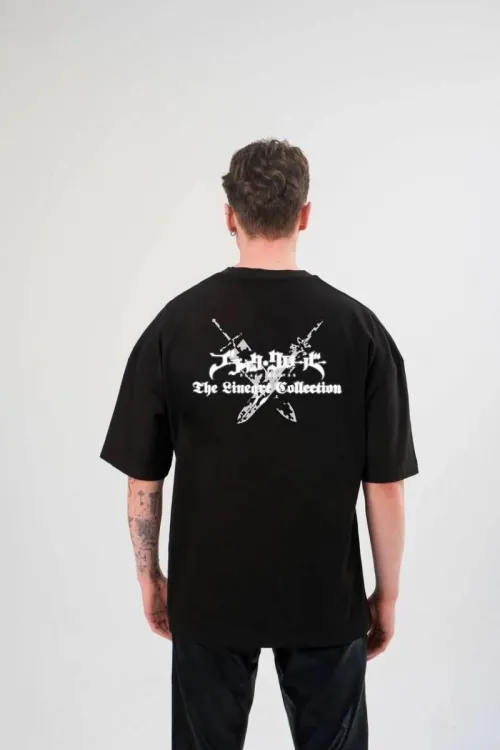 Erkek Kısa Kol Tişört Bisiklet Yaka YONCA Baskılı Oversize T-Shirt - Siyah