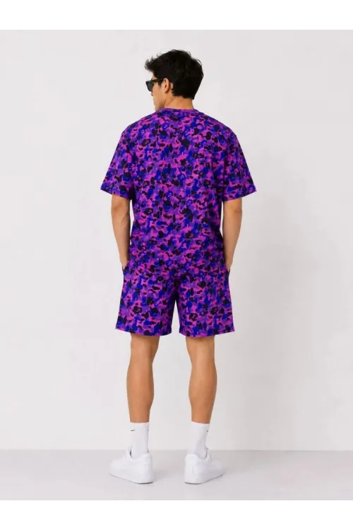 Erkek Oversize Kalıp Pubg Bape X Shark Nakışlı Cepli Şort Takım - Mor