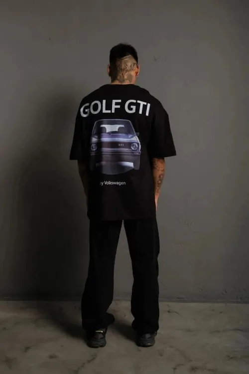 Erkek Oversize Tişört Golf GTI Retro Araba Baskılı T-shirt - Siyah