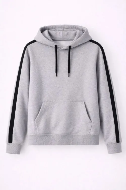 Erkek Şeritli Kapüşonlu Sweatshirt Oversize 3 iplik Pamuklu Hoodie - Gri