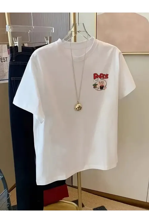 Erkek T-Shirt Oversize Kısa kol Tişört Popeye Baskılı - Beyaz
