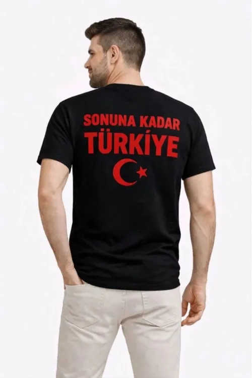 Erkek TÜRKİYE Ay Yıldız Baskılı Taraftar Forma T-Shirt - Siyah