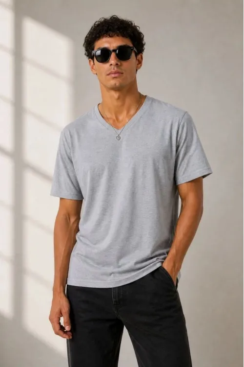 Erkek V Yaka Basic Tişört Kısa Kol Yazlık Regular Fit T-Shirt - Gri