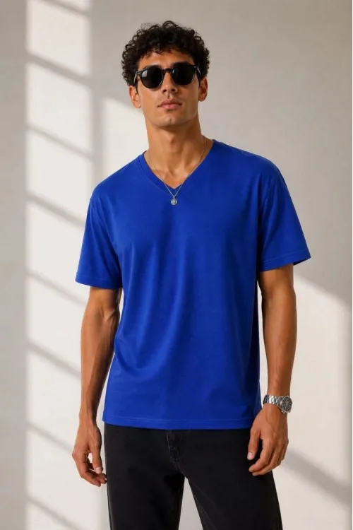 Erkek V Yaka Basic Tişört Kısa Kol Yazlık Regular Fit T-Shirt - Saks Mavisi