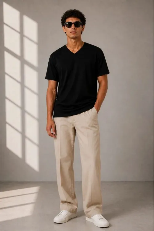 Erkek V Yaka Basic Tişört Kısa Kol Yazlık Regular Fit T-Shirt - Siyah