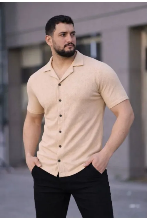Erkek Waffle Dokuma Kumaş Açık Yakalı Düğmeli Gömlek 2’li Set Haki-Bej