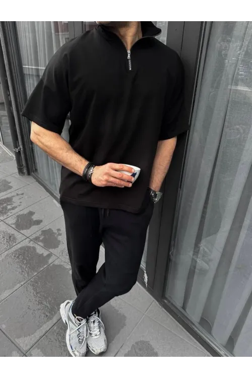 Erkek Yarım Fermuarlı Kısa kol T-Shirt - Siyah