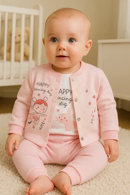 iegiyim™ Happy Dancing Desenli 3lü Hırkalı Kız Bebek Takım