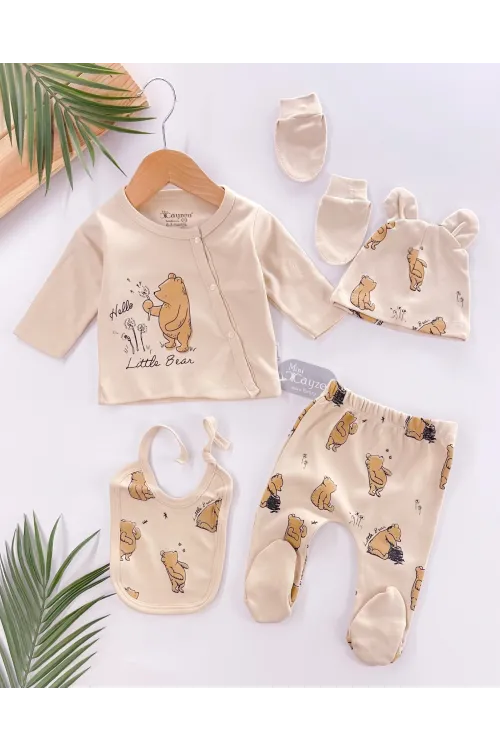 iegiyim™ Hello Little Bear Baskılı 5 Parça %100 Pamuk Erkek Bebek Hastane Çıkışı