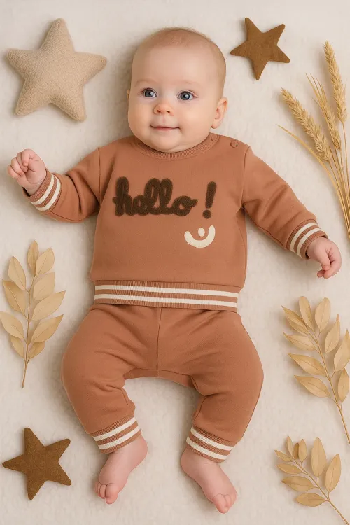 iegiyim™ Hello Nakışlı % 100 Pamuk 2li Erkek Bebek Takım