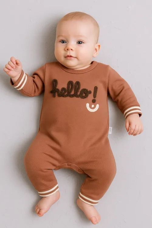 iegiyim™ Hello Nakışlı % 100 Pamuk Erkek Bebek Tulum