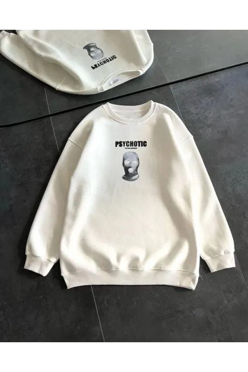 Kadın 3 iplik Kışlık Bisiklet Yaka Baskılı SweatShirt - Beyaz