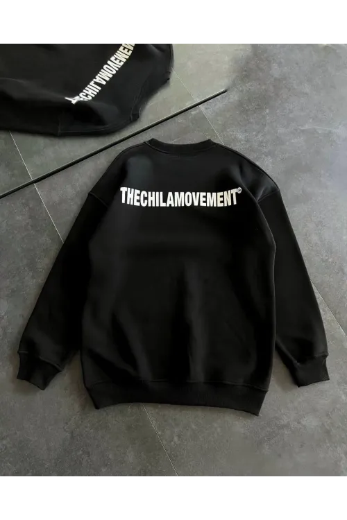 Kadın 3 iplik Kışlık pamuklu Bisiklet Yaka Oversize Baskılı SweatShirt - Siyah