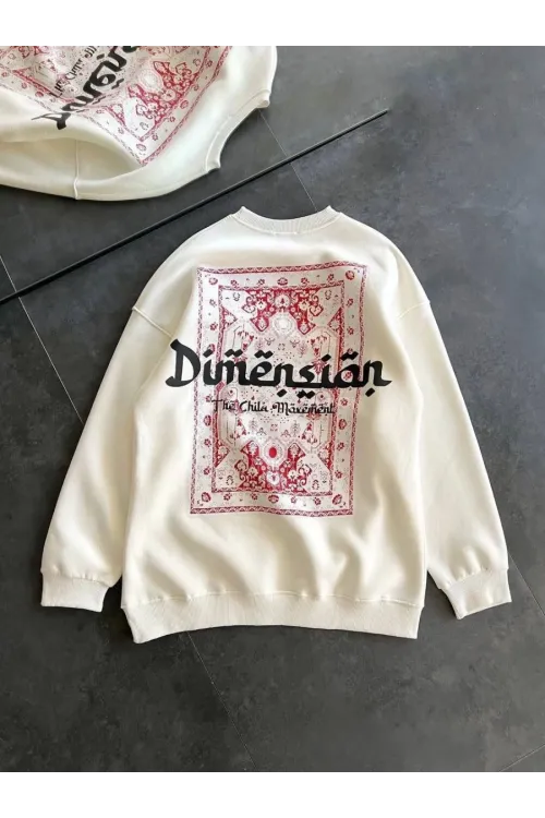 Kadın 3 İplik Pamuklu Bisiklet Yaka Baskılı SweatShirt - Beyaz