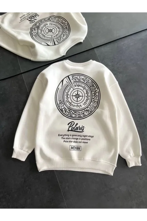 Kadın 3 iplik Pamuklu Bisiklet Yaka Baskılı SweatShirt - Beyaz