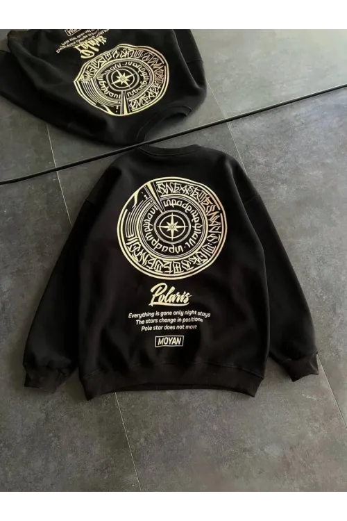 Kadın 3 iplik Pamuklu Bisiklet Yaka Baskılı SweatShirt - Siyah