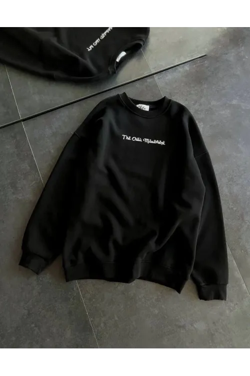 Kadın 3 İplik Pamuklu Bisiklet Yaka Baskılı SweatShirt - Siyah