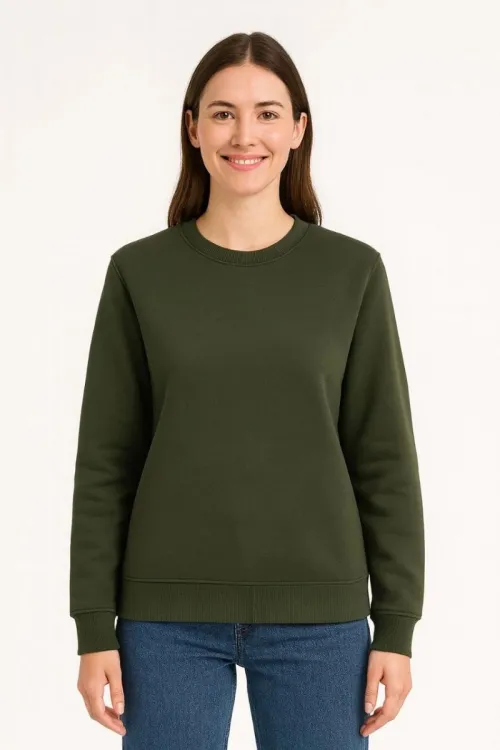 Kadın 3 İplik Pamuklu Düz Bisiklet Yaka SweatShirt - Haki