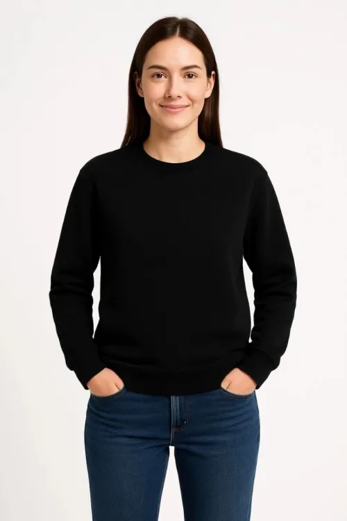 Kadın 3 İplik Pamuklu Düz Bisiklet Yaka SweatShirt - Siyah