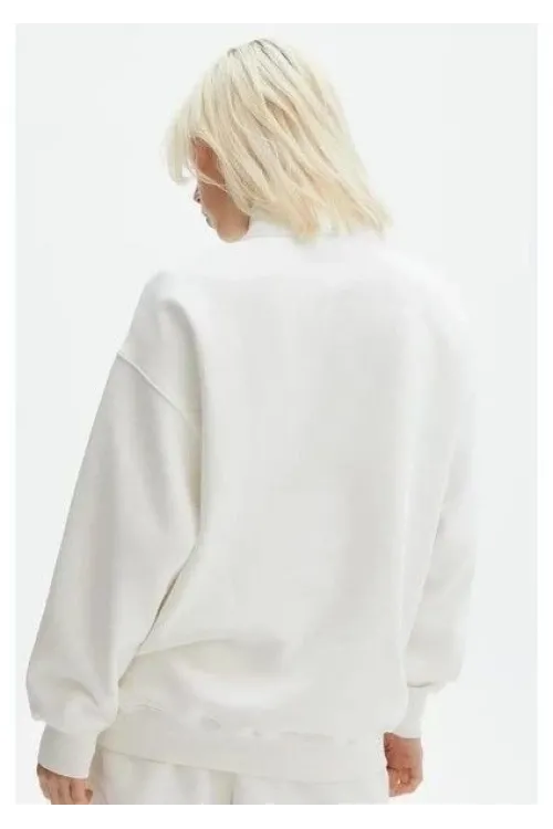 Kadın 3 İplik Pamuklu Oversize Yarım Fermuarlı Yakalı Basic Sweatshirt - Beyaz
