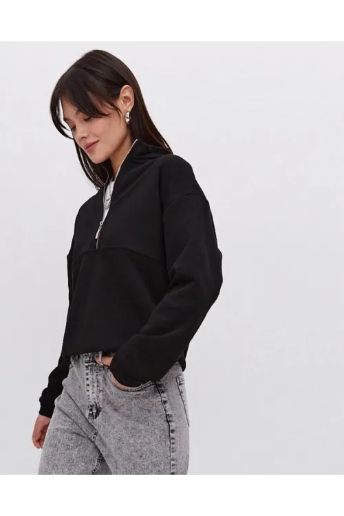 Kadın 3 İplik Pamuklu Oversize Yarım Fermuarlı Yakalı Basic Sweatshirt - Siyah