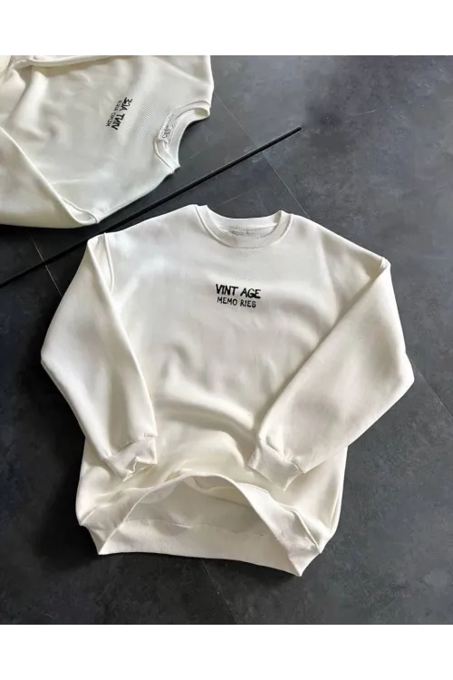 Kadın Bisiklet Yaka 3 İplik Baskılı Oversize SweatShirt - Beyaz