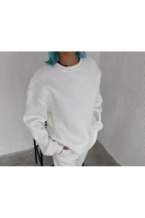 Kadın Bisiklet Yaka 3 İplik Pamuklu Basic SweatShirt - Beyaz