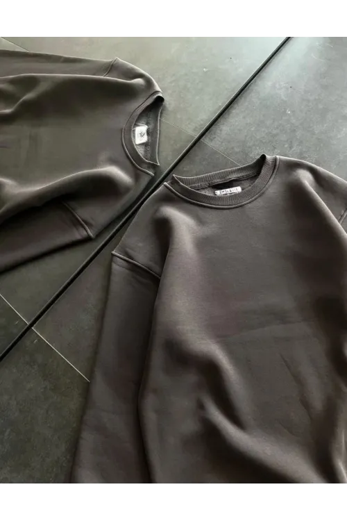 Kadın Bisiklet Yaka 3 İplik Pamuklu Basic SweatShirt - Füme