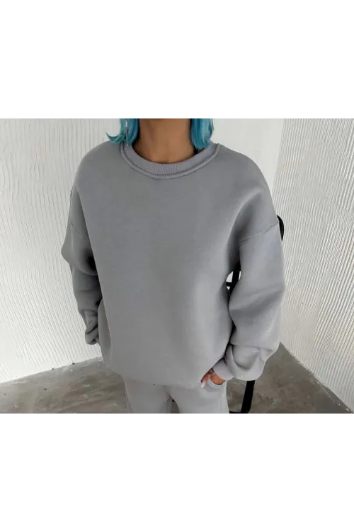 Kadın Bisiklet Yaka 3 İplik Pamuklu Basic SweatShirt - Gri