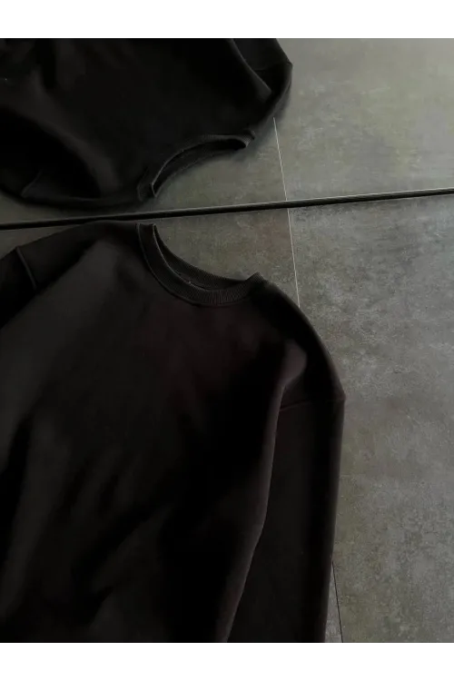 Kadın Bisiklet Yaka 3 İplik Pamuklu Basic SweatShirt - Siyah